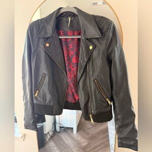Free People Black Leather Jacket with Red Patterned Lining
